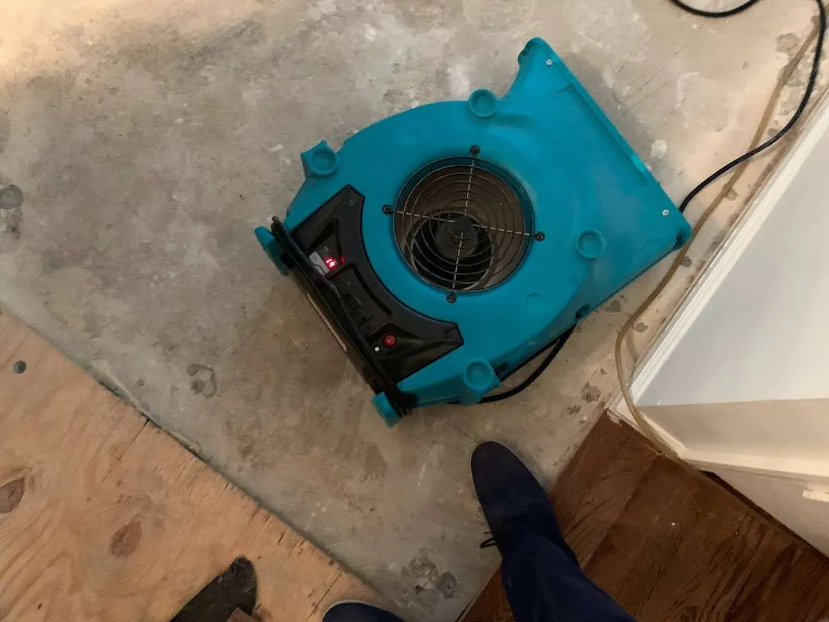 Air mover drying subfloor during Commercial Water Damage Restoration in Lodi